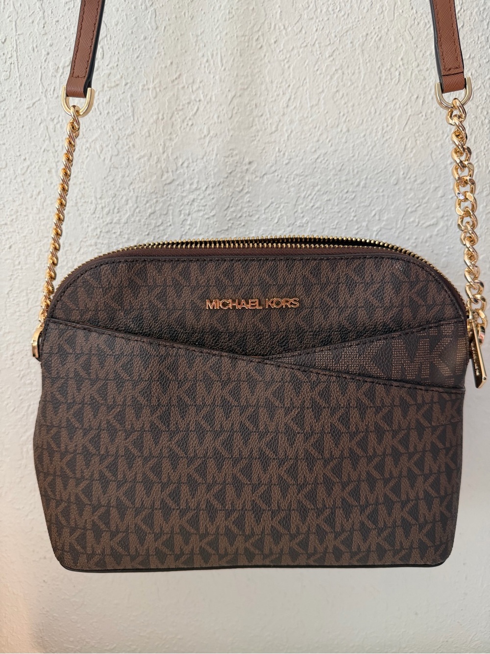 Michael Kors Brown Monogram Chain Strap Crossbody